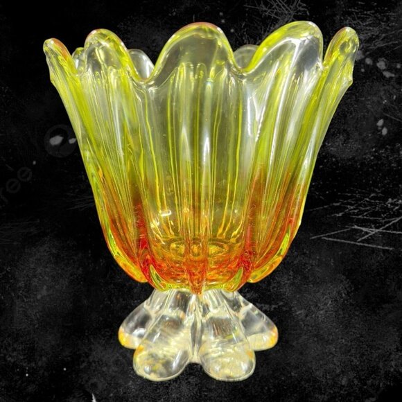 Italian Glass Other - Venetian Art Glass Vase Footed Bowl Green With Red Dots Clear Base Heavy Glass